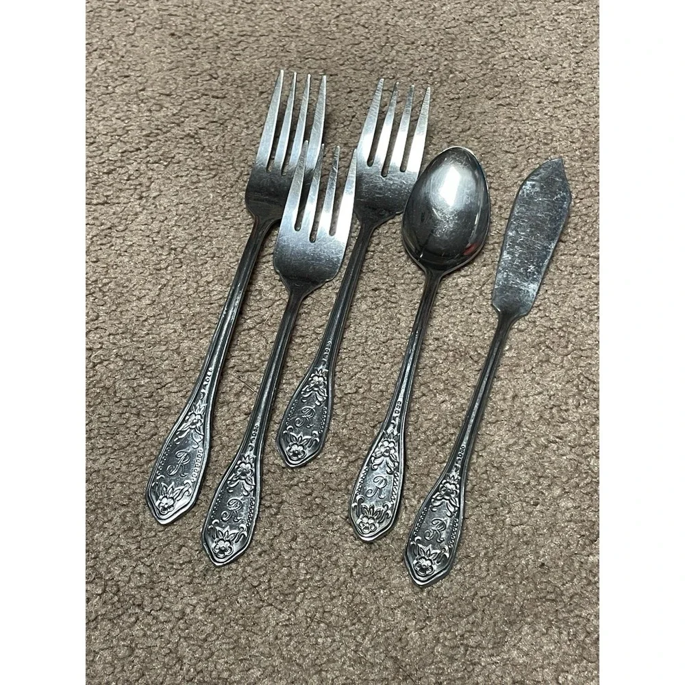 Custom Craft Stainless Engraved R Flatware 5 Floral Vtg‎ Japan Forks Spoon Knife